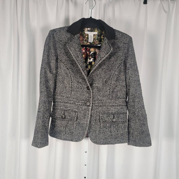 CAbi 629 Women’s Size 8 Coat Tweed Gray Blazer Wool Fox Hunt Horse EUC - Picture 1 of 9